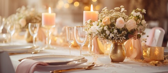 Poster - Table decoration for wedding with flowers candles glasses and table number plate in a golden vase