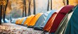 Morning natural camping vacation in autumn or winter season with tents