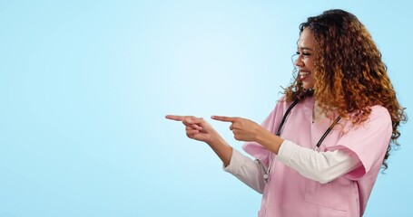 Poster - Mockup of happy woman, doctor pointing and dancing in studio for advice on healthcare, insurance or offer. Smile, help and excited nurse with review, feedback or medical portrait on blue background.