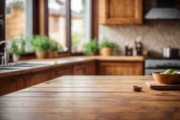 Wooden table on blurred kitchen bench background. Empty wooden table and blurred kitchen background