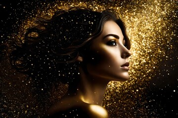 Wall Mural - Image of a female woman model silhouette with gold glitter surrounding her.