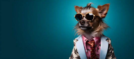 Cool looking dog wearing funky fashion dress - jacket, tie, sunglasses, plain colour background, stylish animal posing as supermodel