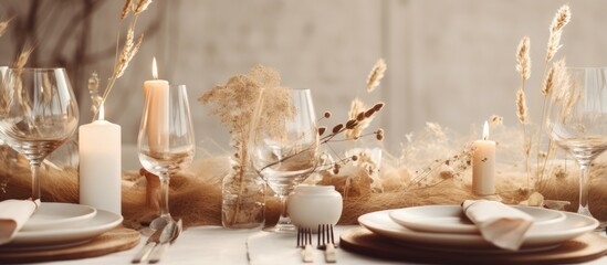 Sticker - Eco friendly rustic decor with natural elements including flowers candles linen napkins and wine glasses creating a romantic and cozy atmosphere for a special holiday dinner