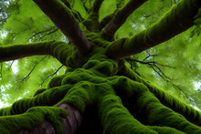 Low Angle Shot Of A Leafy Tree With A Trunk Full Of Moss