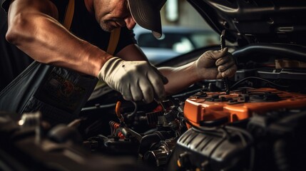 A real photo of The mechanic has been checking, repairing and disposing of the engine in a modern car repair center.