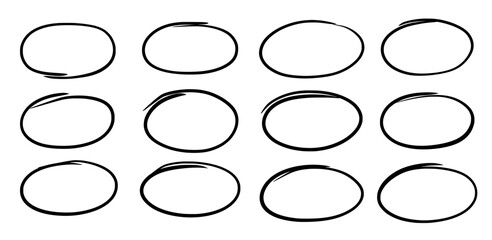 Aufkleber - Drawn pen line oval set. Hand drawn marker stroke style doodle oval frame. Scribble round frame for text highlight. Grunge scratch style set. Vector illustration