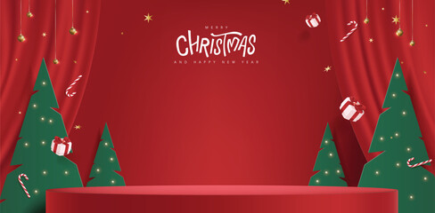 Wall Mural - merry christmas banner with stage product display cylindrical shape and festive decoration for chris