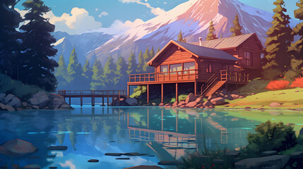 beautiful natural scenery forest lake and mountains illustration style