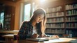 © Oulaphone - Student Asian woman or Exchange Student taking notes from a book at college library.