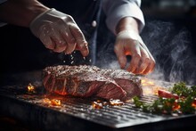 Chef's hands add spices to grill meat for steak. Ai generative