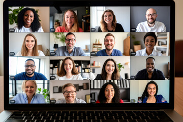 Video conference call screen showing several coworkers on a remote meeting.