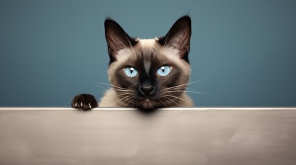 Wall Mural - Curious Siamese cat peeking over the edge, with deep blue eyes full of mischief and wonder.