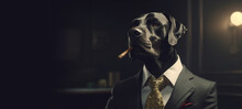 Portrait Of A Dog In A Suit With A Cigar In His Mouth