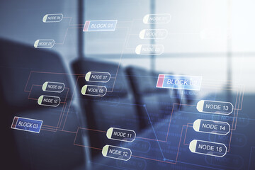 Poster - Multi exposure of abstract graphic coding sketch on a modern furnished classroom background, big data and networking concept