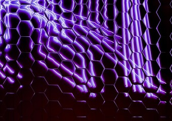 Wall Mural - hexagonal patterned glass mosaic distortion in purple on a black background lightening plasma spark