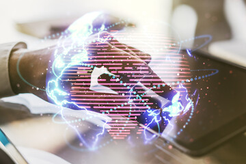Poster - Double exposure of abstract digital world map with connections and hand working with a digital tablet on background, big data and blockchain concept