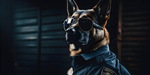 Mean Looking German Shepherd Working As A Security Officer Or Cop, Wearing Sunglasses And Uniform Shirt. Guarding Dog Concept