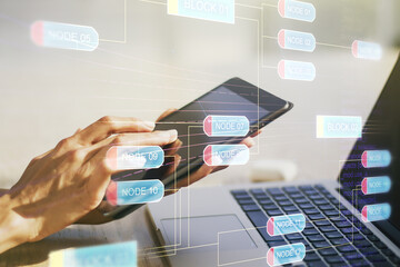 Aufkleber - Multi exposure of abstract software development hologram and finger presses on a digital tablet on background, research and analytics concept