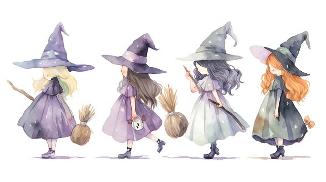 watercolor Halloween cute witches set on a white background. 