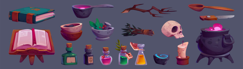 Aufkleber - Witch or wizard magic elements set. Cartoon vector illustration set of spiritual books and glass bottles with potion, cauldron with mystery liquid, ingredients and equipment for brewing medicine.