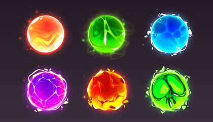 Poster - Magic energy effect ball, crystal orb power icon. Circle light glow sphere. Fantasy lava fireball. Witch lightning electric element. Green fortune abstract bubble with plasma for toxic spell 2d ui set