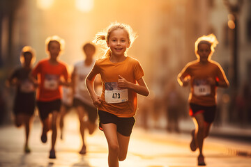 Running children, young athletes run in a kids run race, running on city road detail on legs, running in the light of morning