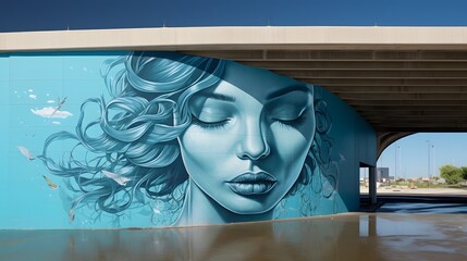 Wall Mural - A blue mural of a woman placed under the bridge, street art concept