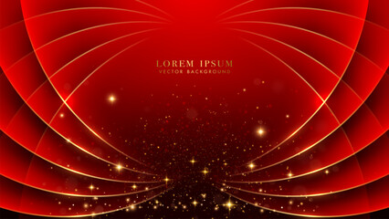 Wall Mural - Golden line curve with glitter light effect and bokeh decoration on red background