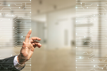 Aufkleber - Double exposure of male hand presses on abstract virtual circuit hologram on blurred office background. Research and development hardware concept