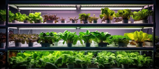 Wall Mural - Vegetables are cultivated indoors using LED lights in vertical farms which promote sustainable agriculture for future food production