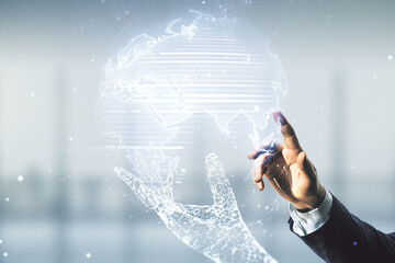 Aufkleber - Multi exposure of businessman hand clicks on abstract graphic world map on blurred office background, big data and networking concept