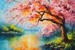 Oriental Serenity An Oil Painting Landscape of Sakura Cherry Trees Reflecting on a Tranquil Lake