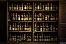 Vintage Wine Bottles On Old Shelf