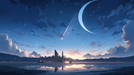 Wall Mural - Beautiful night with star and moon in fairytale theme in digital art painting style 