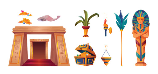 Poster - ancient egypt pharaoh god temple vector game set. old egyptian history interior element design. cart
