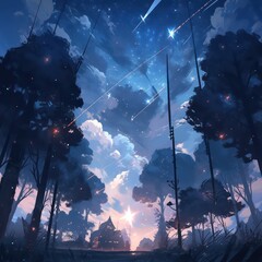 Wall Mural - Dark forest with starry night landscape in digital art painting style 