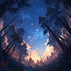 Wall Mural - Dark forest with starry night landscape in digital art painting style 