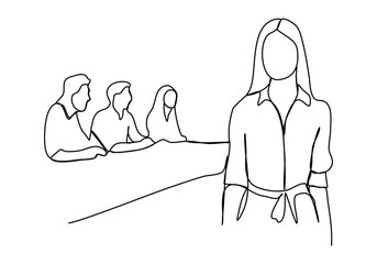 People sitting around a table at a meeting. One line drawing vector illustration.