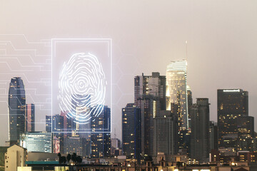 Aufkleber - Multi exposure of virtual graphic fingerprint sketch on Los Angeles cityscape background fingerprint scan data concept