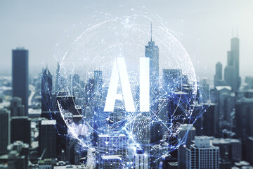 Poster - Creative artificial Intelligence symbol hologram on Chicago cityscape background. Double exposure