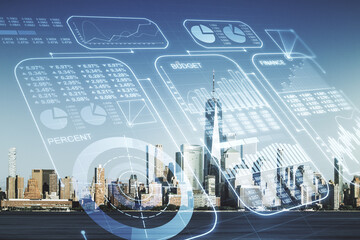 Poster - Double exposure of abstract creative statistics data hologram on New York city office buildings background, analytics and forecasting concept