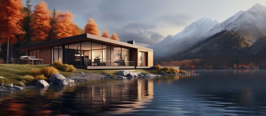 Wall Mural - cozy riverfront house with garage available for sale rent featuring scenic mountain backdrop and warm autumn ambiance with gentle window lighting