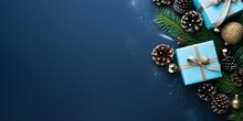 Christmas Concept, Top View Photo, Blue Background With Copy Space, Gift Boxes, Pine Cones, Generative AI.