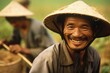 Smiling Farmer Asia village people planting rice in a field ,Generative AI.