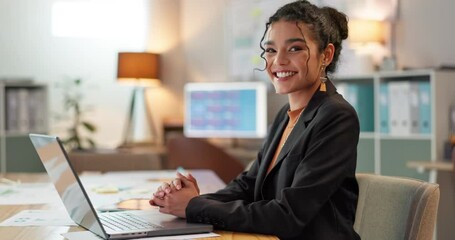 Poster - Portrait of businesswoman in office with smile, laptop and planning online research for creative project at digital agency. Internet, website and networking, happy woman and computer for email review