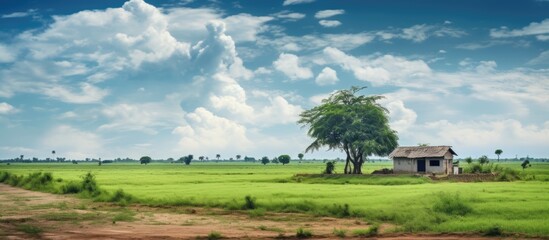 Wall Mural - Indian rural home immersed in green grass and scenic cloudy sky depicting village scenery