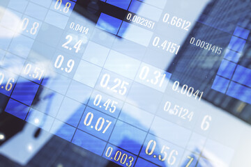 Poster - Multi exposure of abstract virtual graphic data spreadsheet sketch on modern architecture background, analytics and analysis concept
