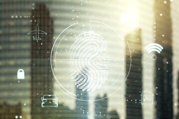 Poster - Multi exposure of virtual fingerprint scan interface on blurry cityscape background, digital access concept