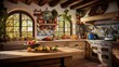 © Hifzhan Graphics - An artistic composition featuring a rustic Mediterranean kitchen, complete with a farmhouse sink, exposed wooden beams, and colorful mosaic tiles. AI generated