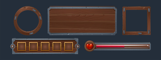 Poster - Wood ui board frame and life heart slider cartoon. Wooden texture button and red progress bar icon set. Medieval menu signboard box interface kit for mobile pirate app. Brown metal gui design